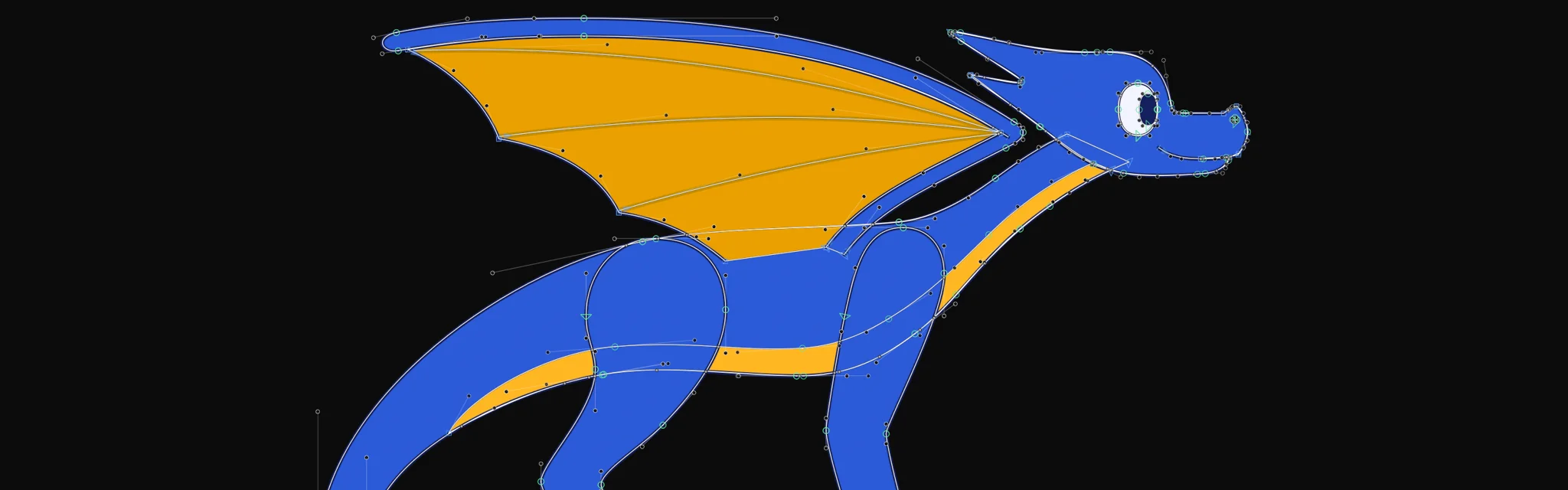 A side profile of a four-legged medium-size dragon, shown with its Bezier controls.